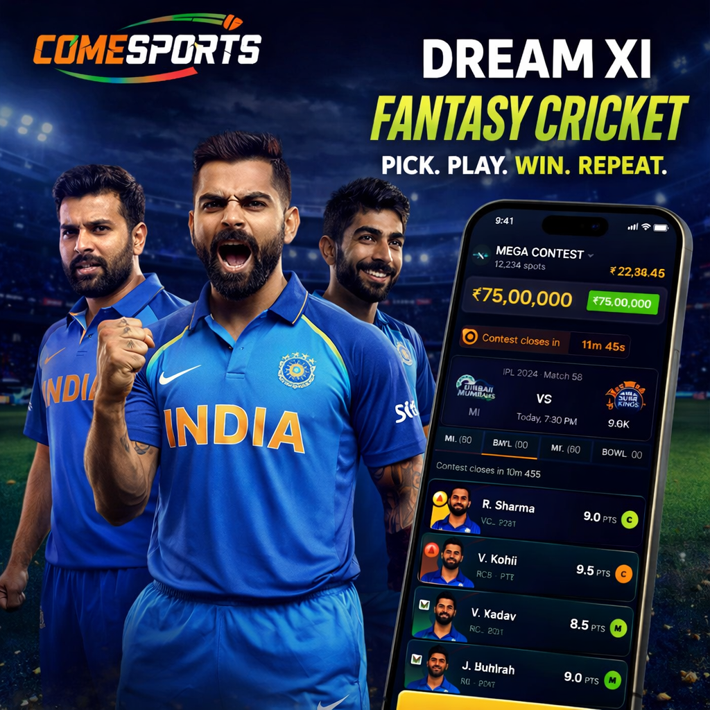 COME TO WIN 11 fantasy cricket and India team visual