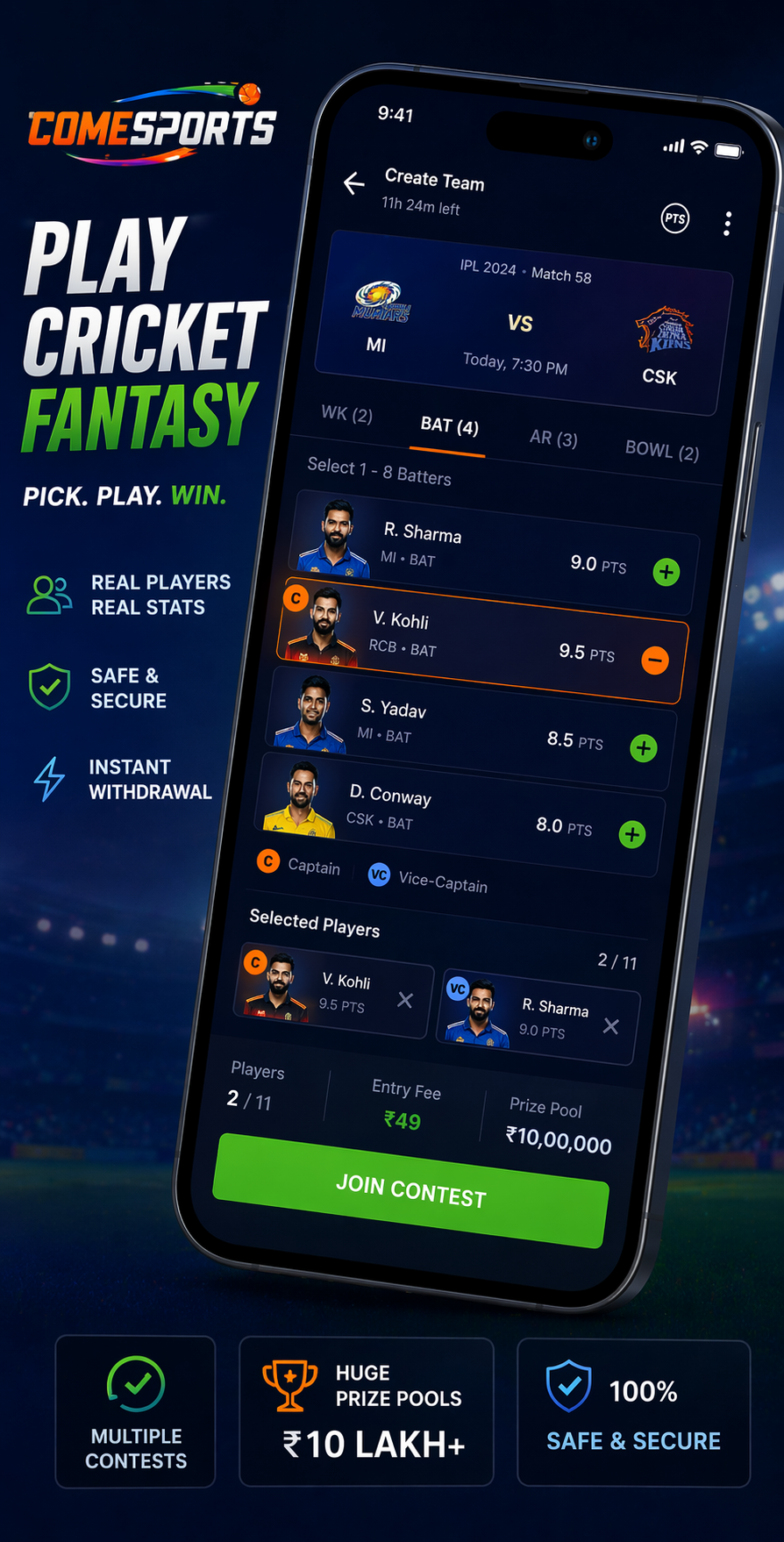 COME TO WIN 11 cricket fantasy visual